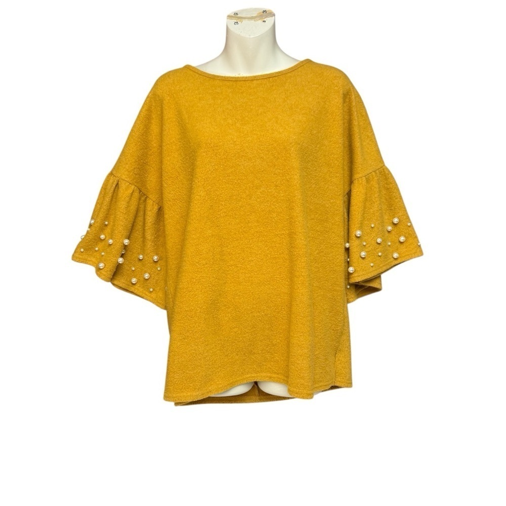 She & Sky size small oversized Mustard Bell Sleeve Top pearl accents - Picture 1 of 7